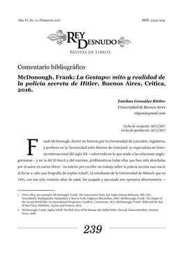 Mcdonough, Frank: La Gestapo: Mito Y Realidad De La Policía Secreta De Hitler, Buenos Aires, Crítica, 2016