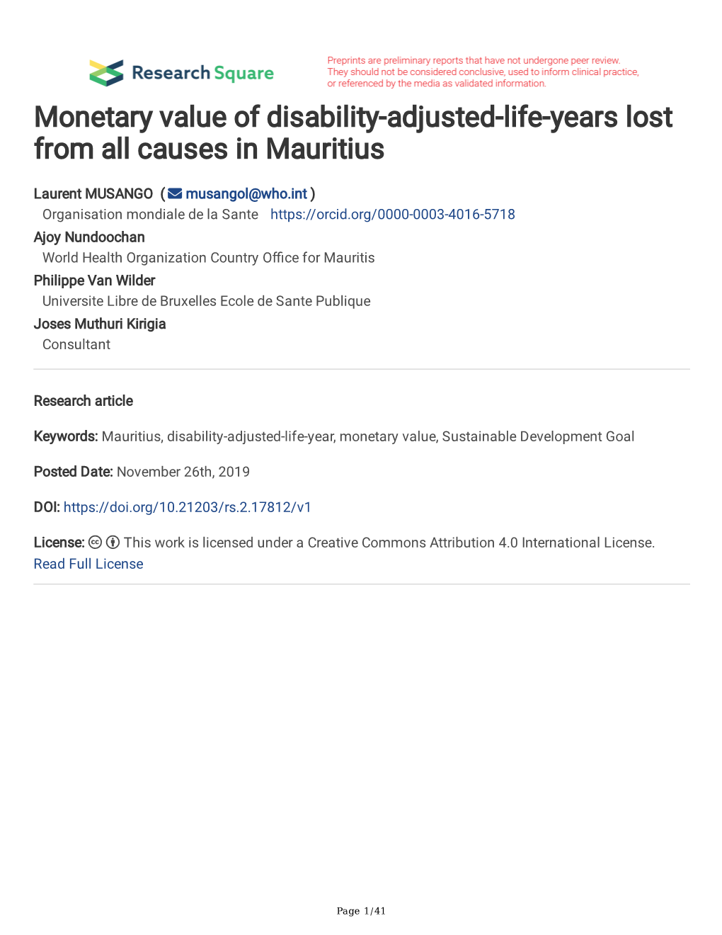 Monetary Value of Disability-Adjusted-Life-Years Lost from All Causes in Mauritius