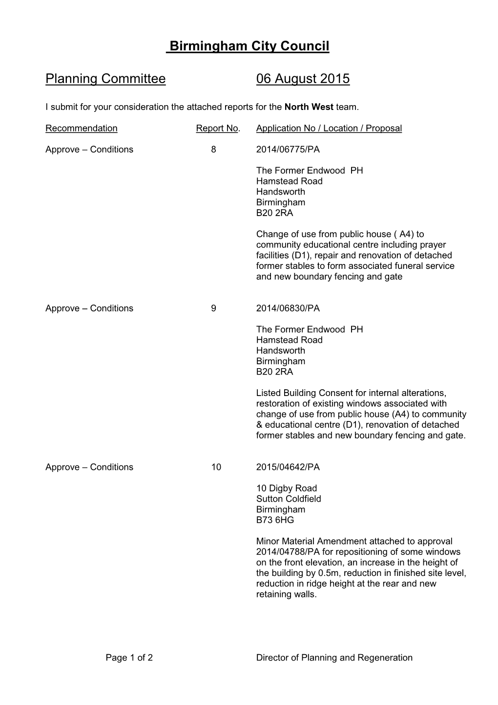 Birmingham City Council Planning Committee 06 August 2015