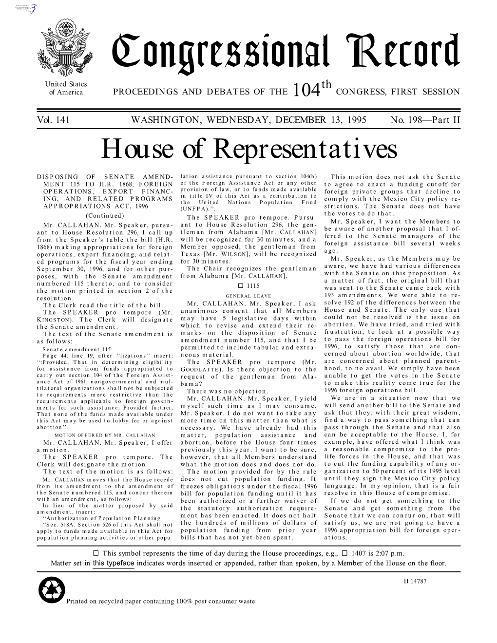 Congressional Record United States Th of America PROCEEDINGS and DEBATES of the 104 CONGRESS, FIRST SESSION