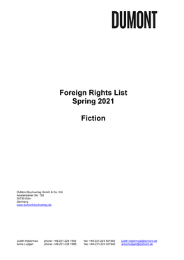 Foreign Rights List Spring 2021 Fiction