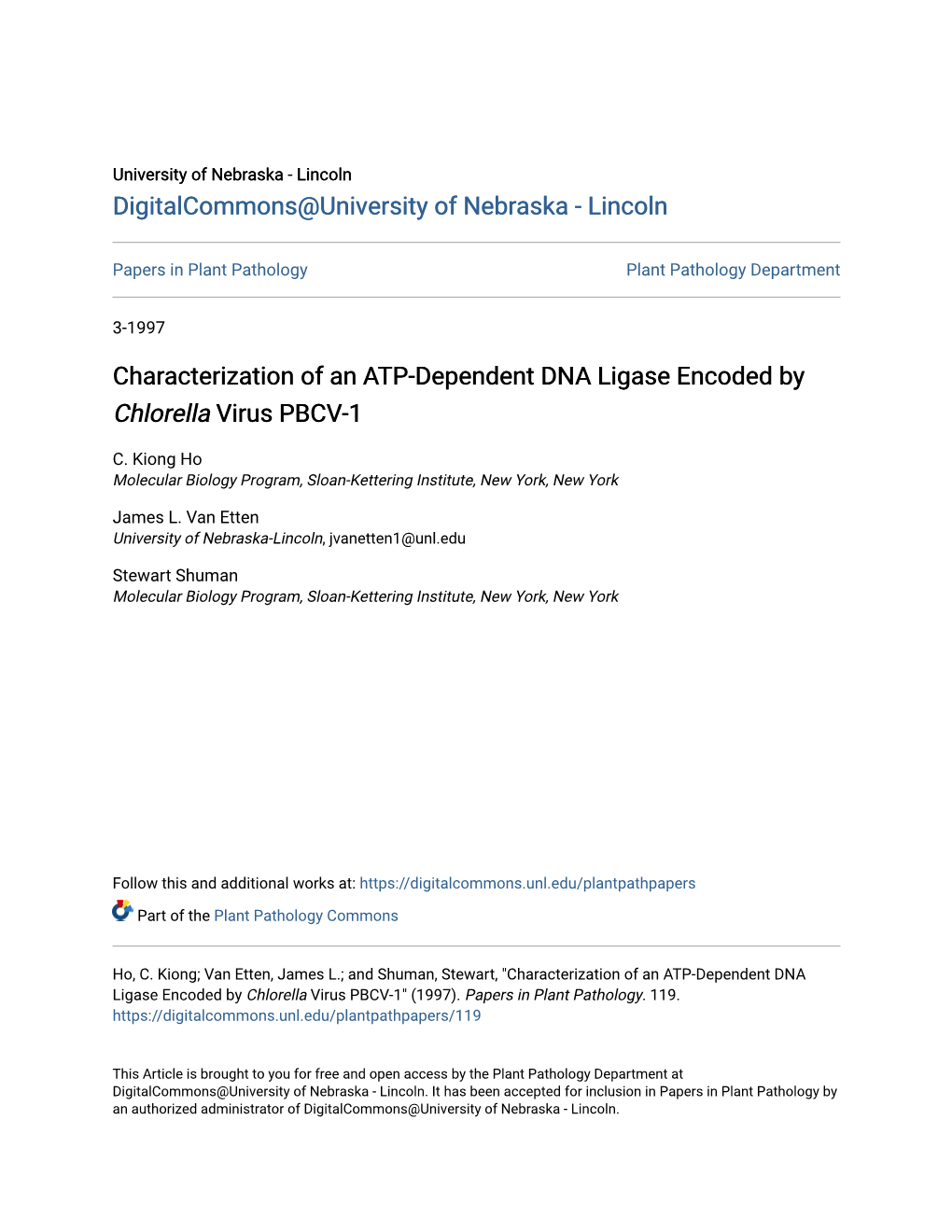 Characterization of an ATP-Dependent DNA Ligase Encoded by Chlorella Virus PBCV-1