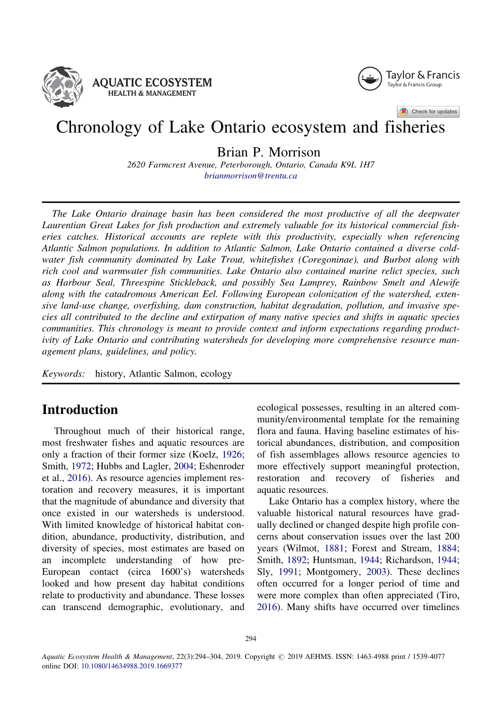 Chronology of Lake Ontario Ecosystem and Fisheries Brian P