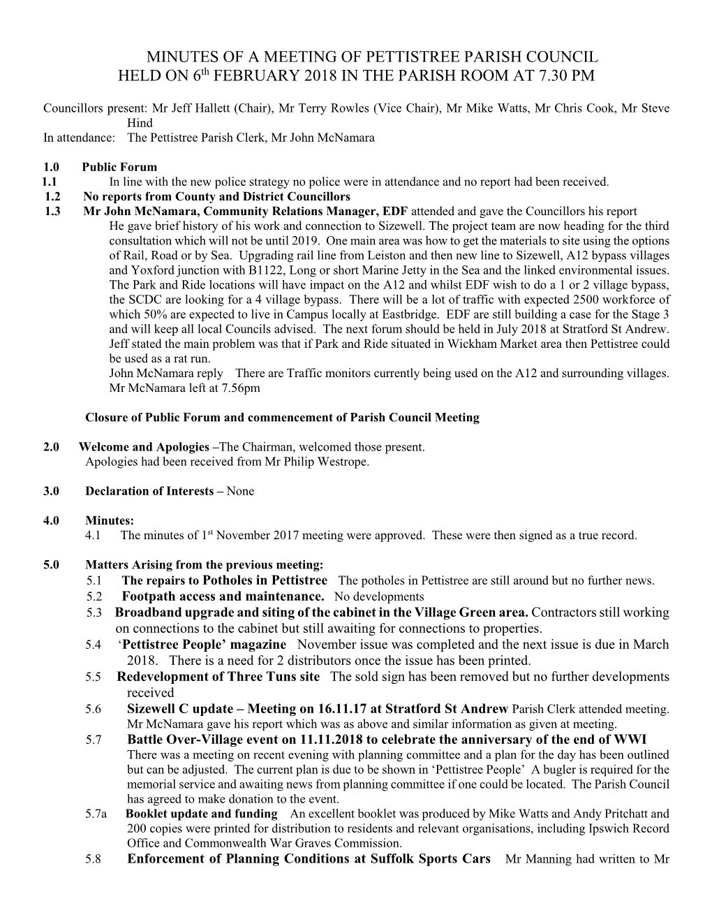 MINUTES of a MEETING of PETTISTREE PARISH COUNCIL HELD on 6Th FEBRUARY 2018 in the PARISH ROOM at 7.30 PM