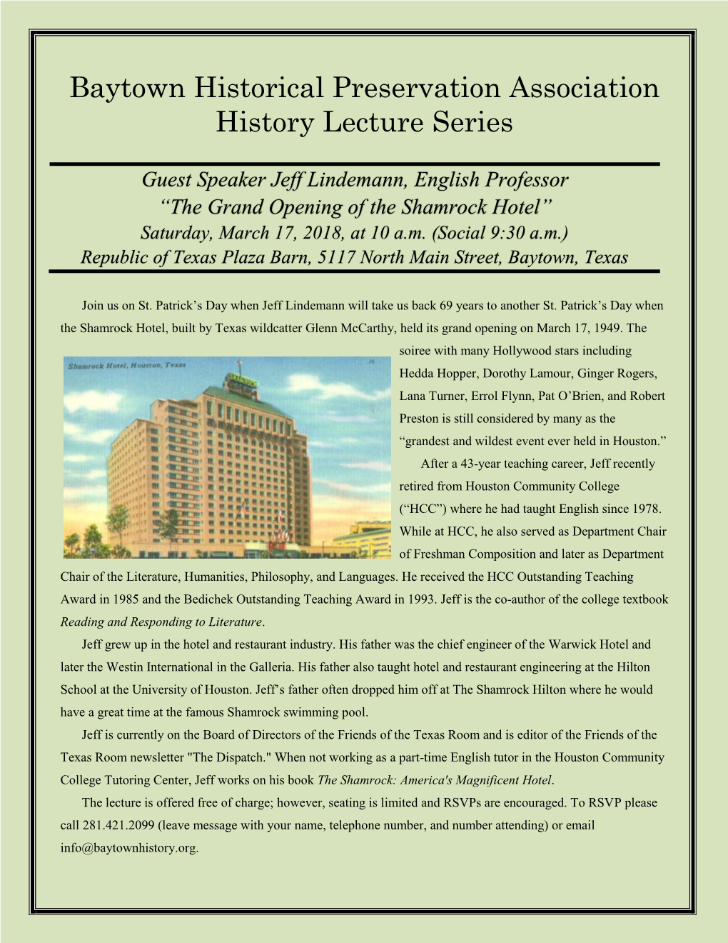 Baytown Historical Preservation Association History Lecture Series