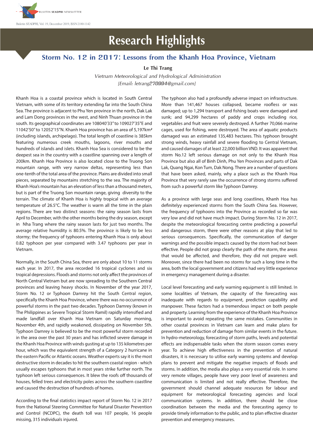 Lessons from the Khanh Hoa Province, Vietnam Le Thi Trang Vietnam Meteorological and Hydrological Administration [Email: Letrang270994@Gmail.Com]