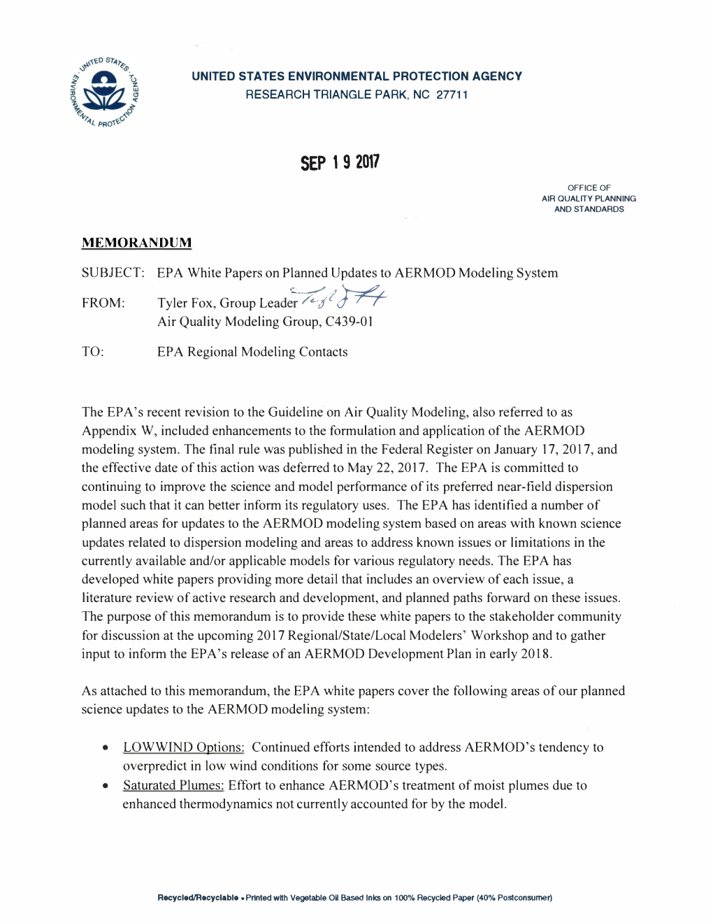 EPA White Papers on Planned Updates to AERMOD Modeling System FROM: Tyler Fox, Group Lead;;?:;!M- Air Quality Modeling Group, C439-01