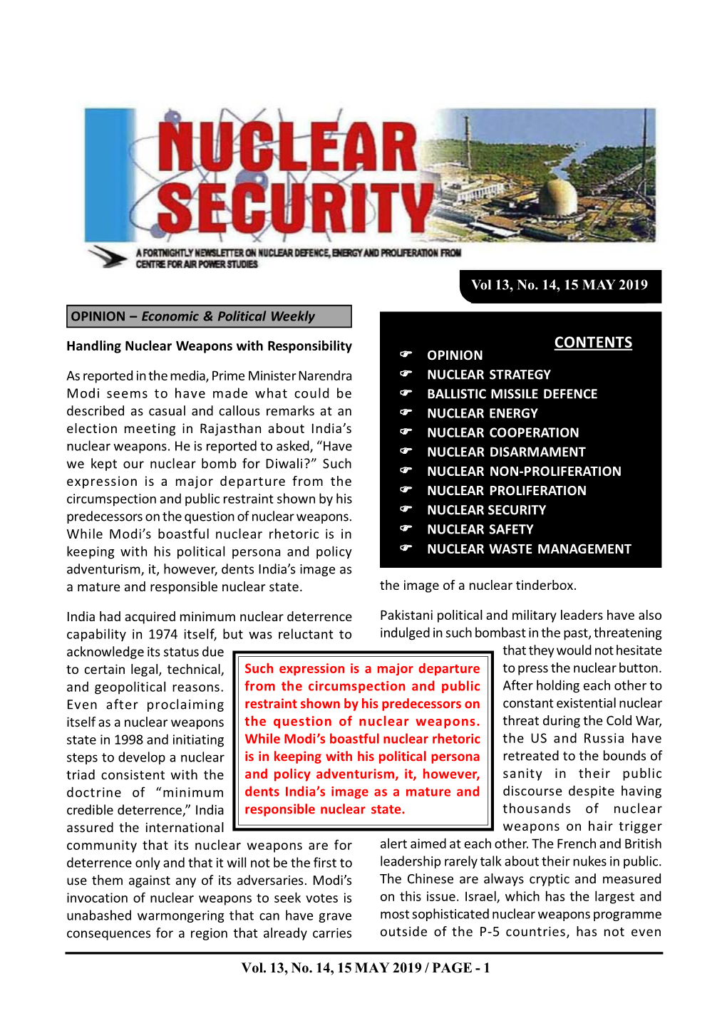 Nuclear Security Vol 13, No. 14, 15 May 2019