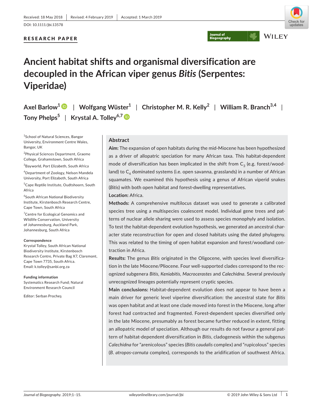 Ancient Habitat Shifts and Organismal Diversification Are Decoupled in the African Viper Genus Bitis (Serpentes: Viperidae)