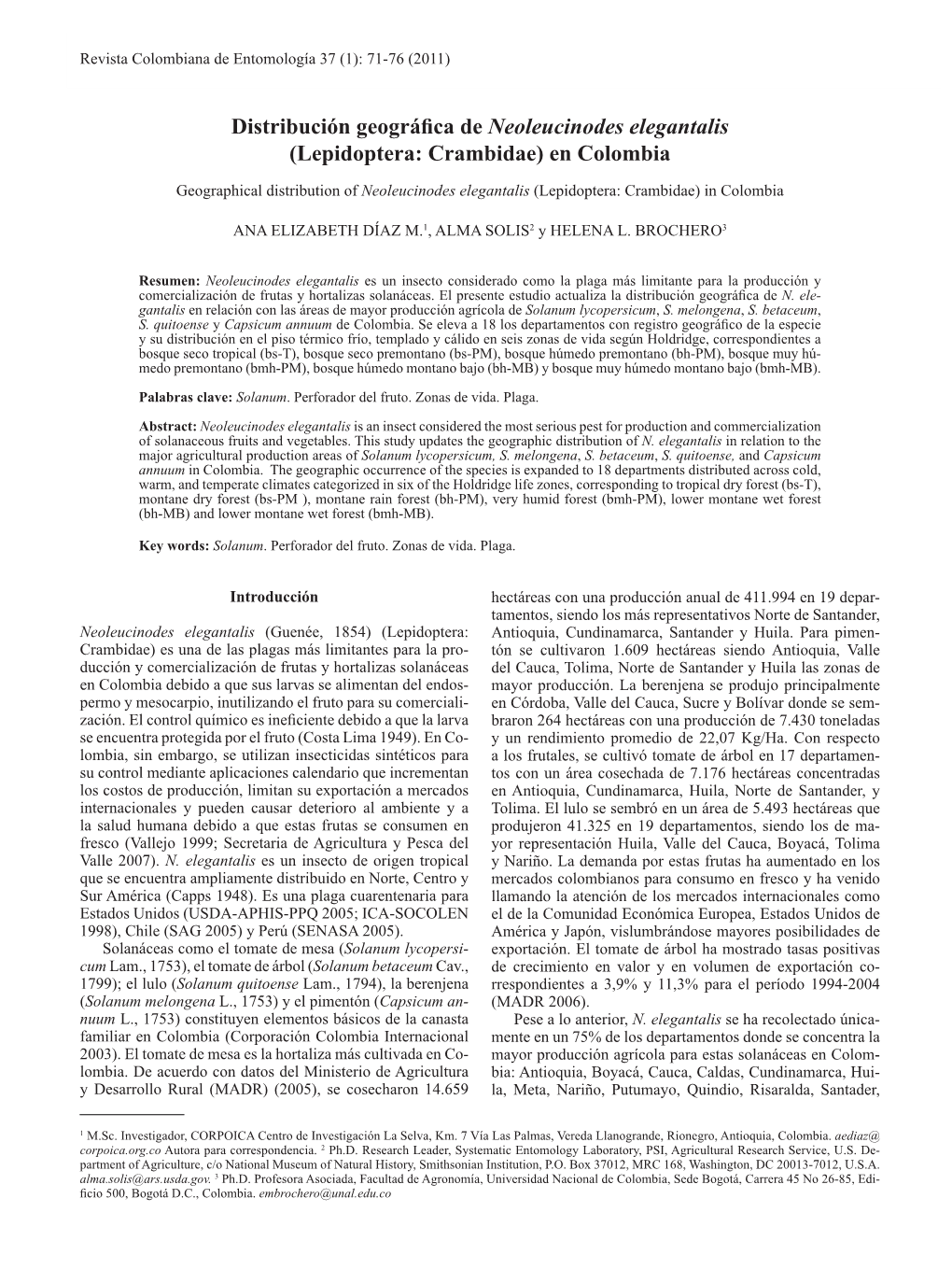 Distribución Geográfica De Neoleucinodes Elegantalis (Lepidoptera: Crambidae) En Colombia