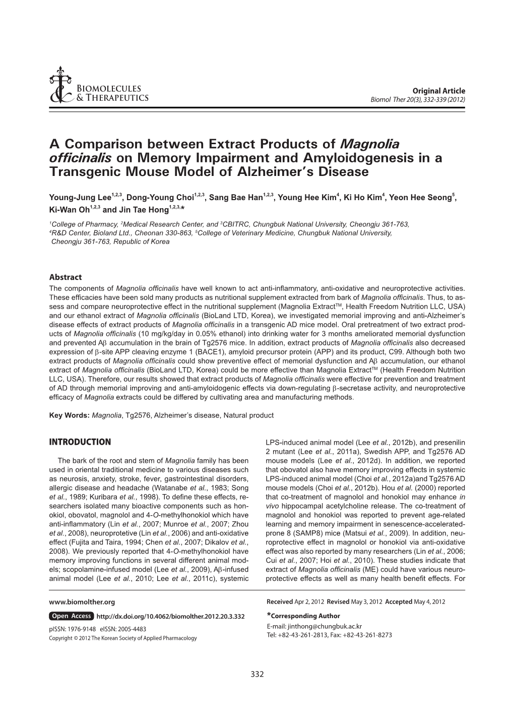 A Comparison Between Extract Products of Magnolia Officinalis on Memory Impairment and Amyloidogenesis in a Transgenic Mouse Model of Alzheimer’S Disease