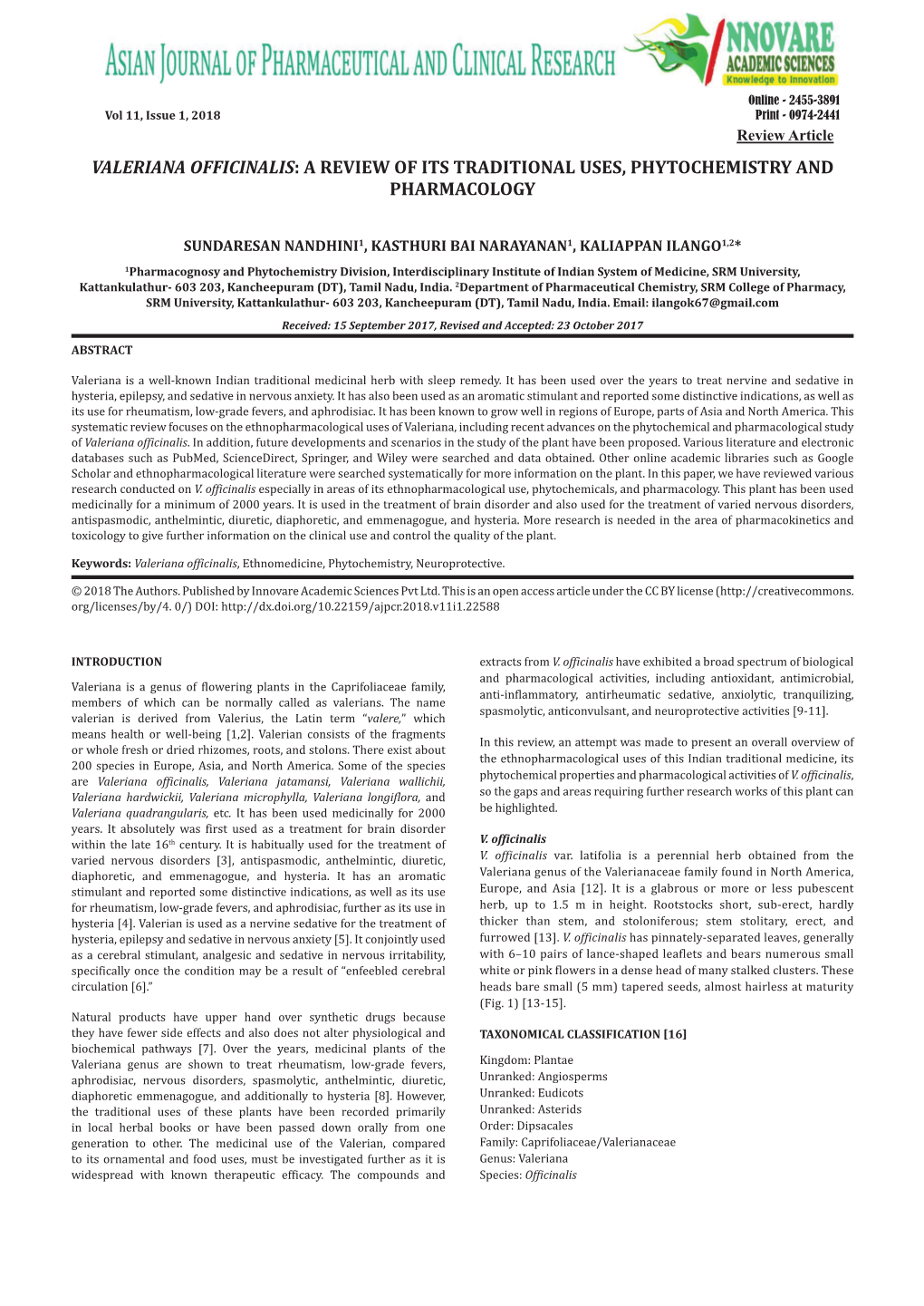 Valeriana Officinalis: a Review of Its Traditional Uses, Phytochemistry and Pharmacology