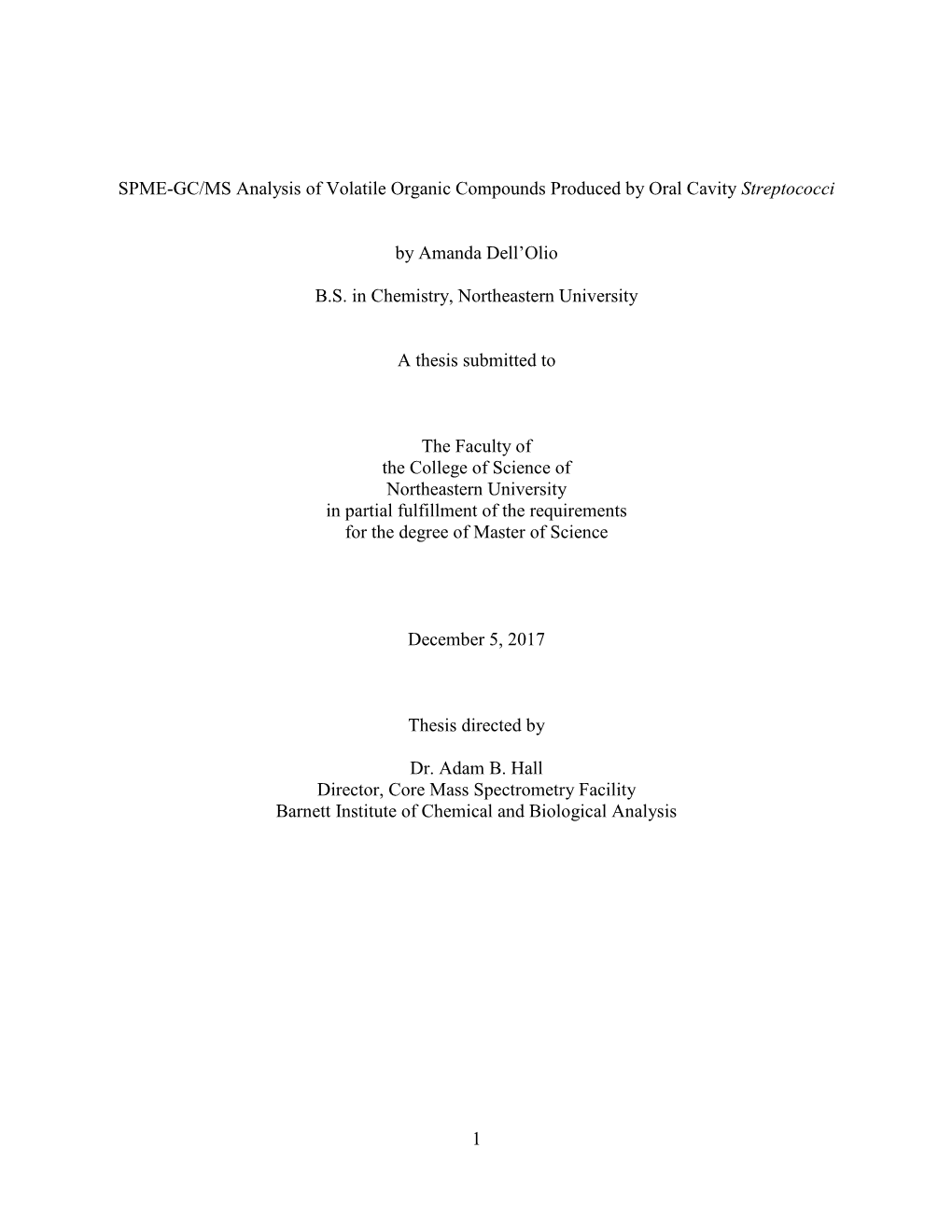 SPME-GC/MS Analysis of Volatile Organic Compounds Produced by Oral Cavity Streptococci