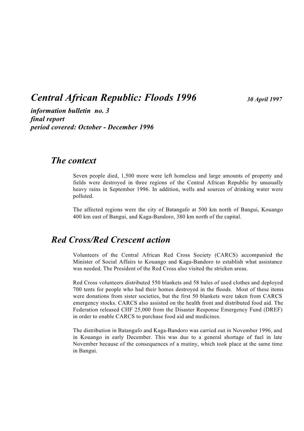 Central African Republic Floods 1996