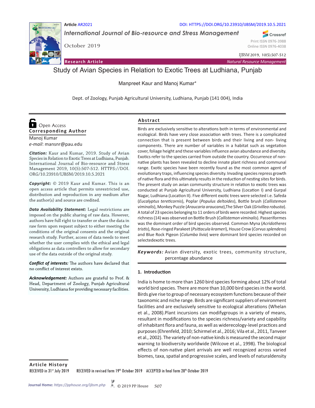 Study of Avian Species in Relation to Exotic Trees at Ludhiana, Punjab