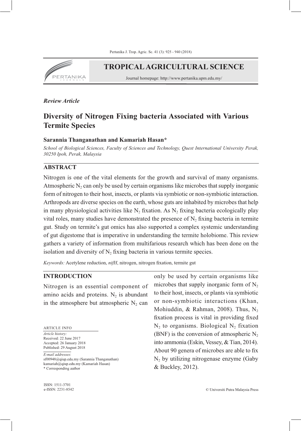 TROPICAL AGRICULTURAL SCIENCE Diversity of Nitrogen