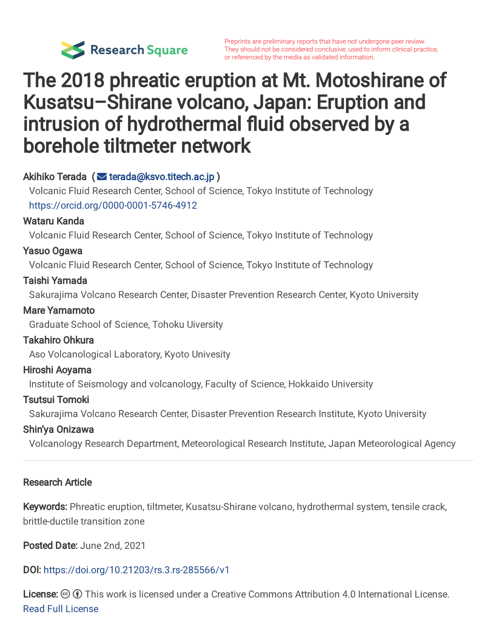 The 2018 Phreatic Eruption at Mt. Motoshirane of Kusatsu–Shirane Volcano, Japan: Eruption and Intrusion of Hydrothermal �Uid Observed by a Borehole Tiltmeter Network