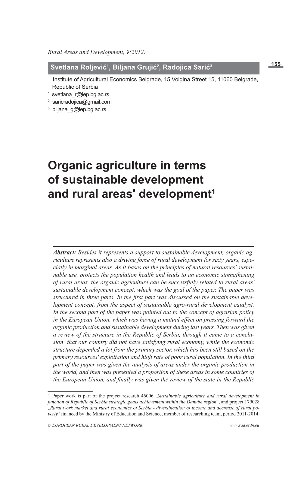 Organic Agriculture in Terms of Sustainable Development and Rural Areas' Development1