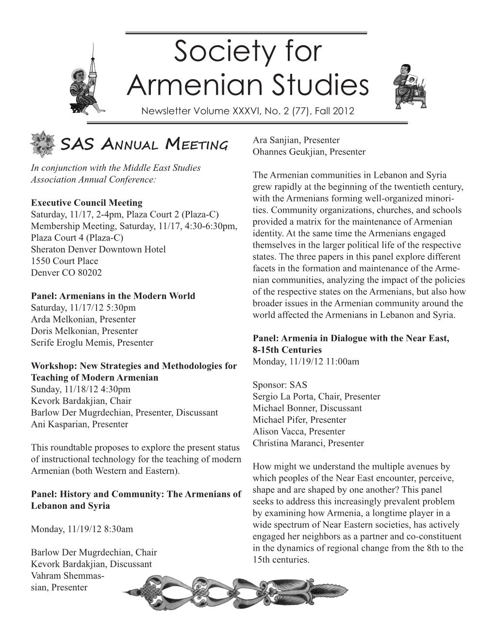 Society for Armenian Studies Newsletter Volume XXXVI, No