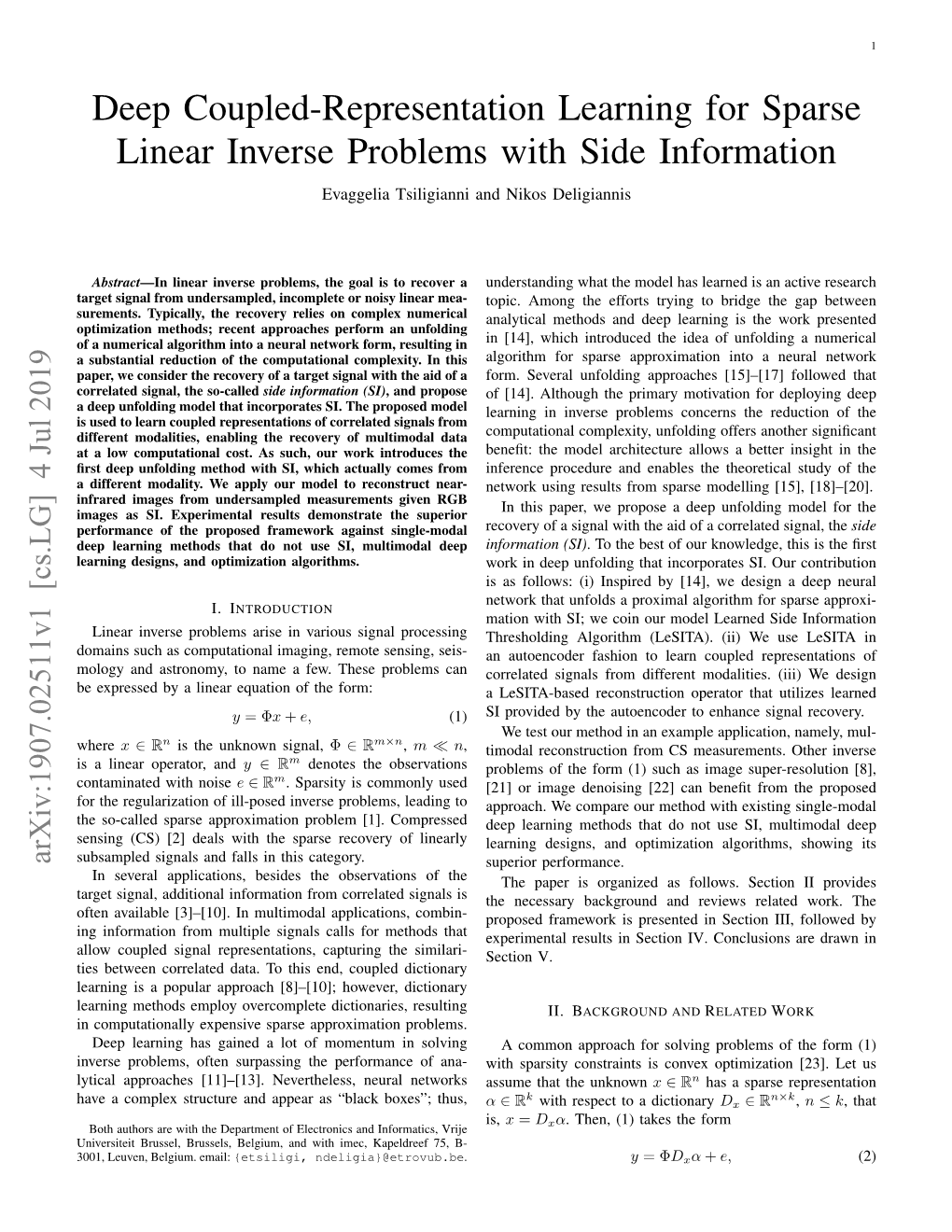 Deep Coupled-Representation Learning for Sparse Linear Inverse Problems with Side Information Evaggelia Tsiligianni and Nikos Deligiannis