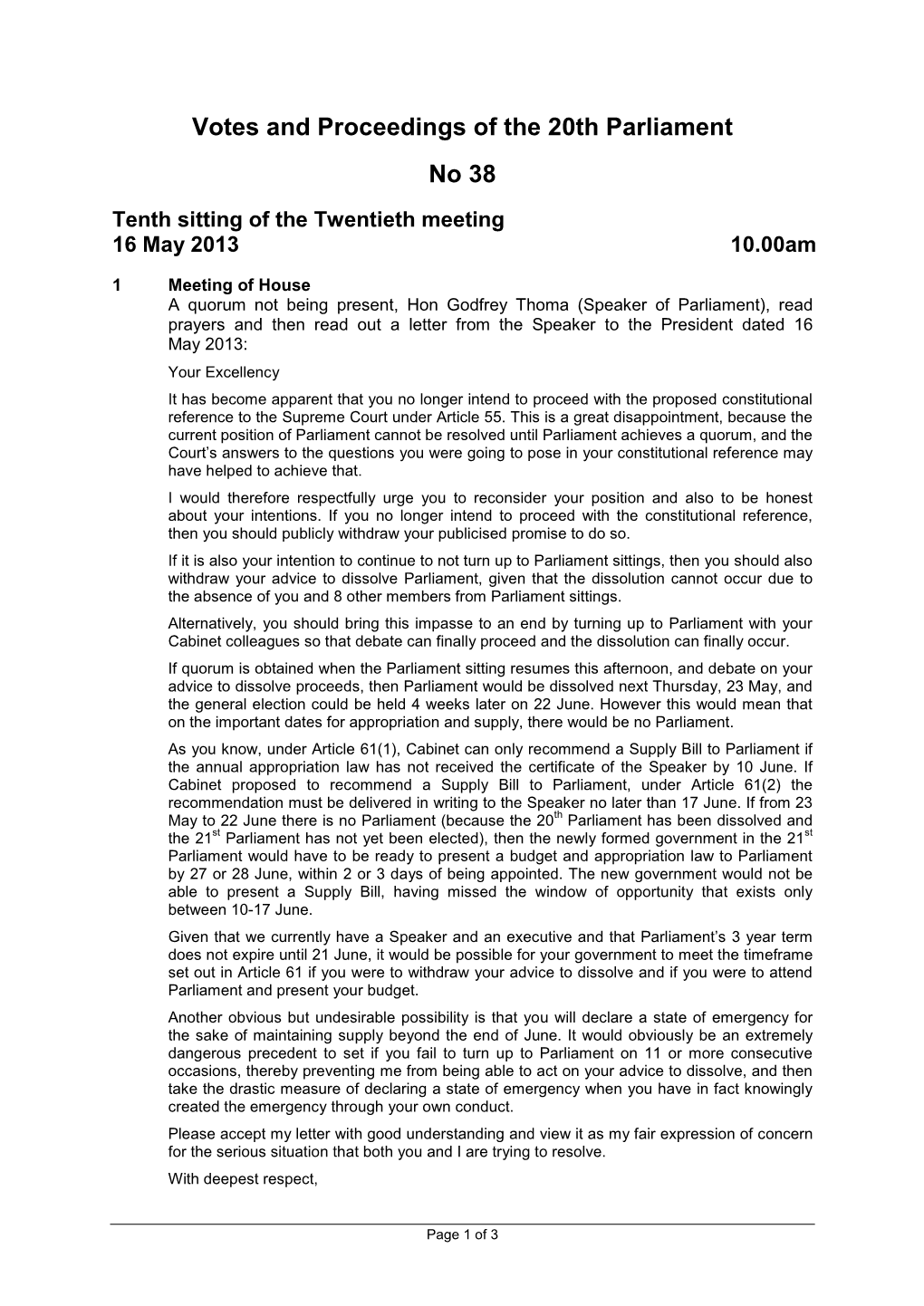 Votes and Proceedings of the 20Th Parliament No 38 Tenth Sitting of the Twentieth Meeting 16 May 2013 10.00Am