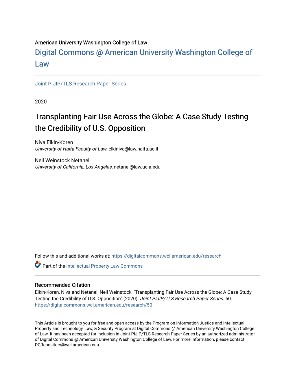 Transplanting Fair Use Across the Globe: a Case Study Testing the Credibility of U.S