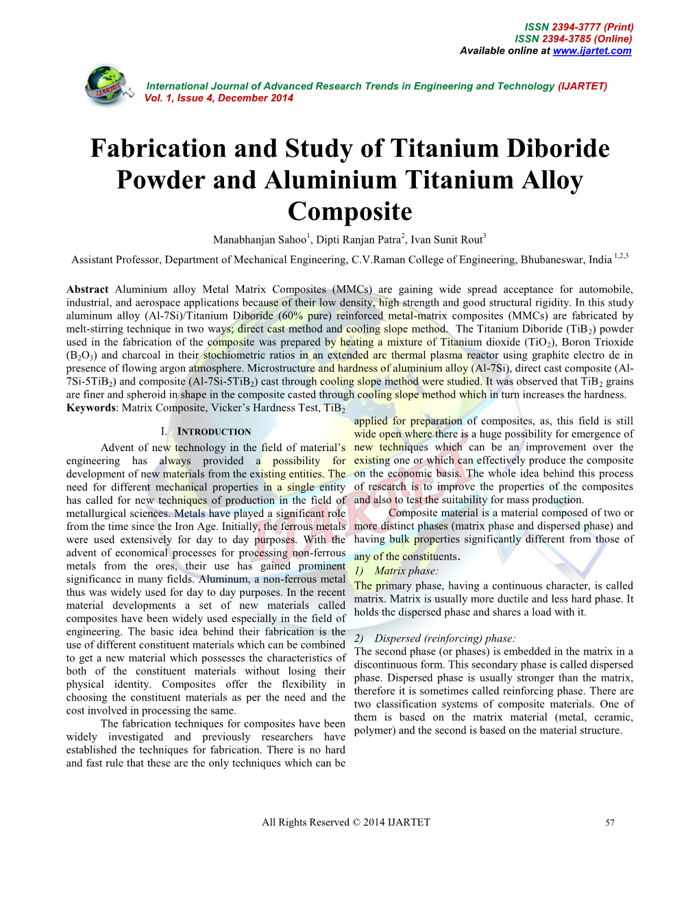 Fabrication and Study of Titanium Diboride Powder and Aluminium