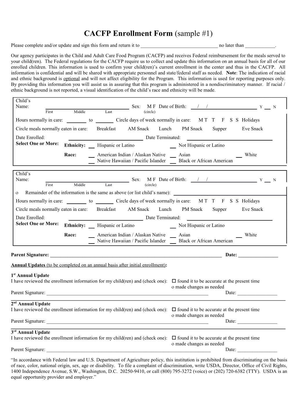 CACFP Enrollment Form (Sample #1)