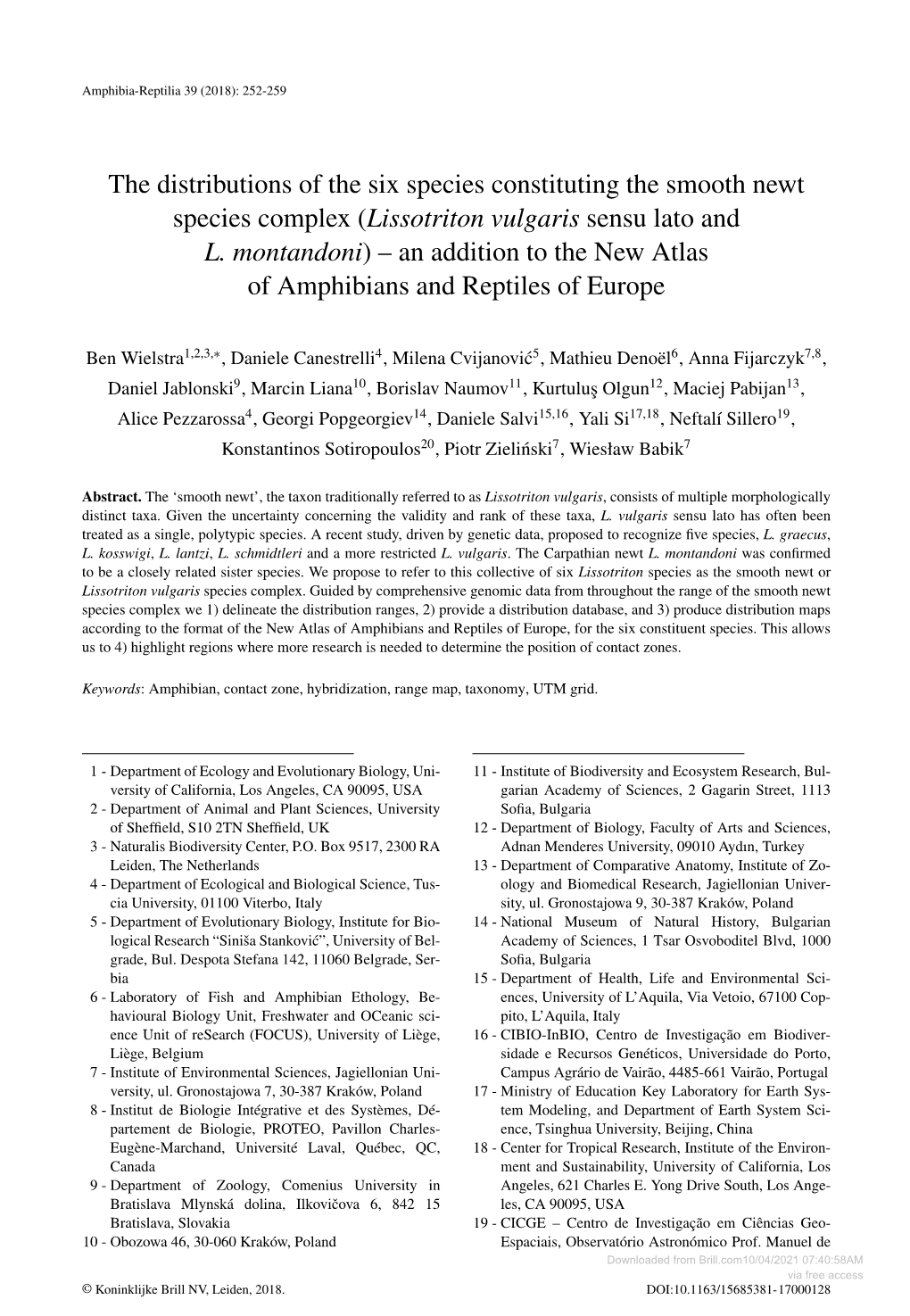 The Distributions of the Six Species Constituting the Smooth Newt Species Complex (Lissotriton Vulgaris Sensulatoand L