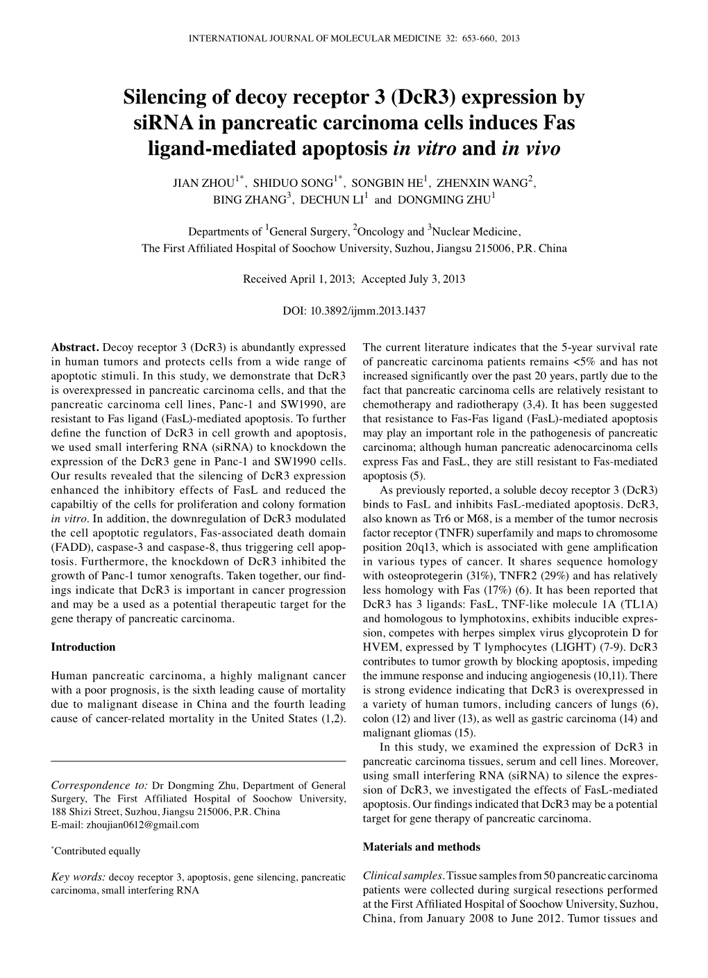 Silencing of Decoy Receptor 3 (Dcr3) Expression by Sirna in Pancreatic Carcinoma Cells Induces Fas Ligand-Mediated Apoptosis in Vitro and in Vivo