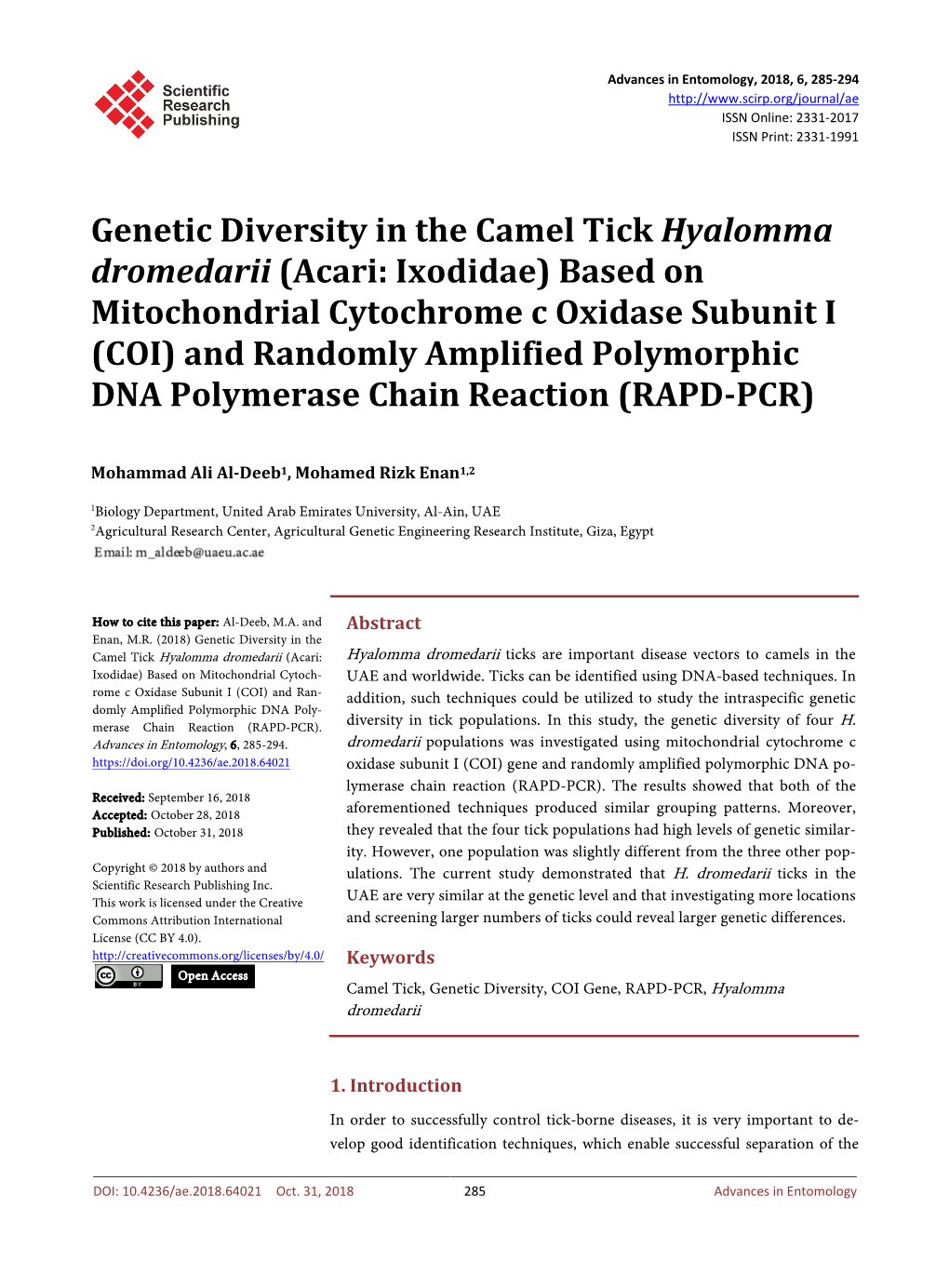Genetic Diversity in the Camel Tick Hyalomma Dromedarii (Acari