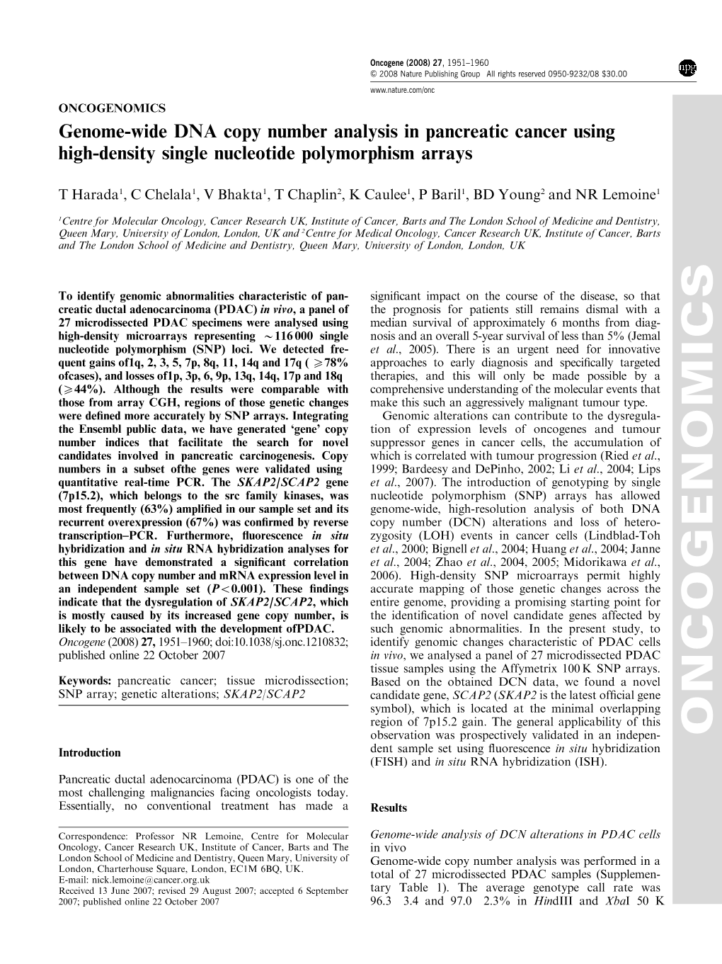 Genome-Wide DNA Copy Number Analysis in Pancreatic Cancer Using High-Density Single Nucleotide Polymorphism Arrays