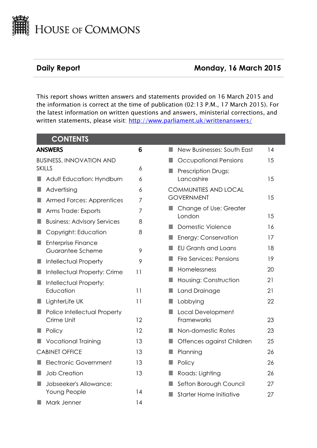Daily Report Monday, 16 March 2015 CONTENTS