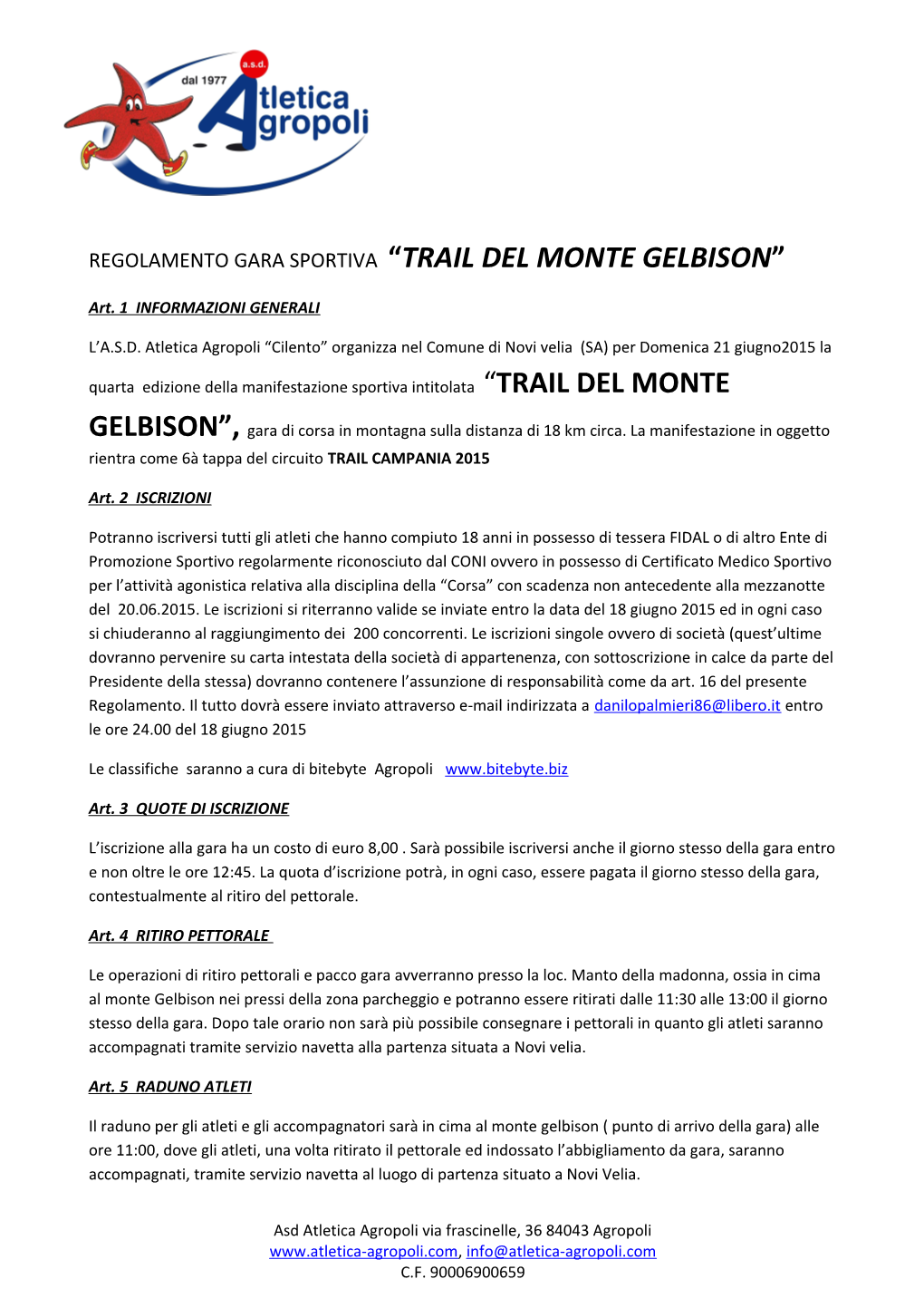 Regolamento Gara Sportiva “Trail Del Monte Gelbison”