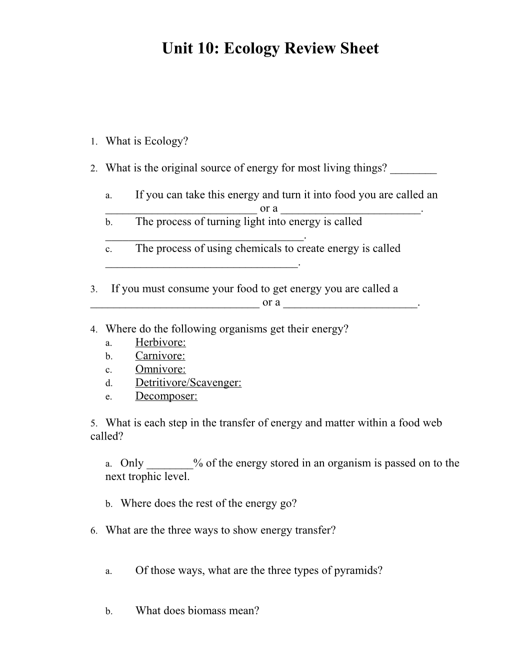 Unit 2: Ecology Review Sheet