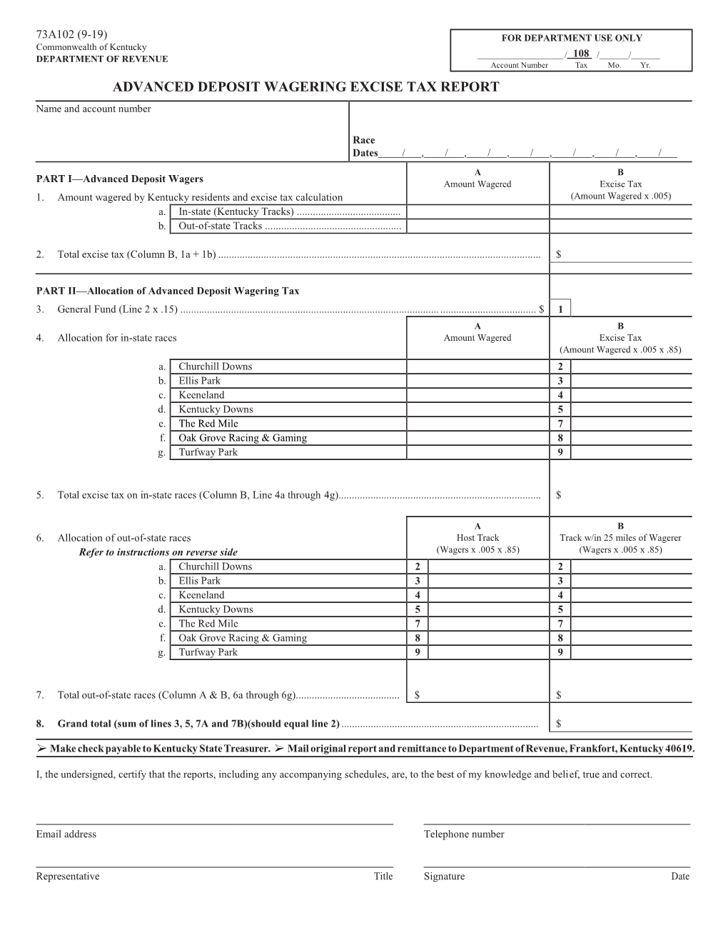 Advanced Deposit Wagering Excise Tax Report Current, 2019