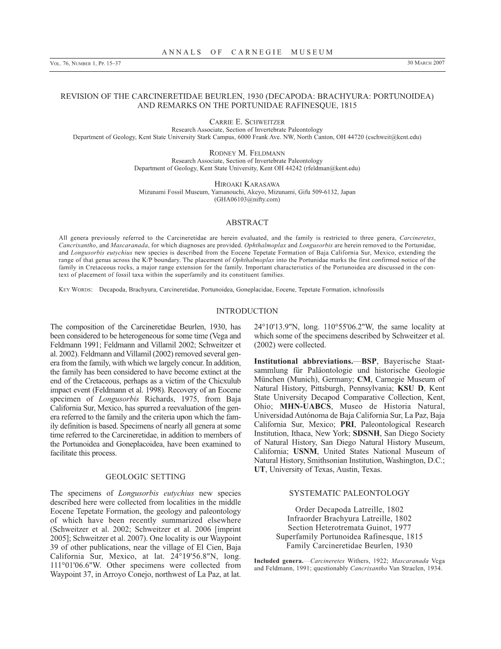 Revision of the Carcineretidae Beurlen, 1930 (Decapoda: Brachyura: Portunoidea) and Remarks on the Portunidae Rafinesque, 1815