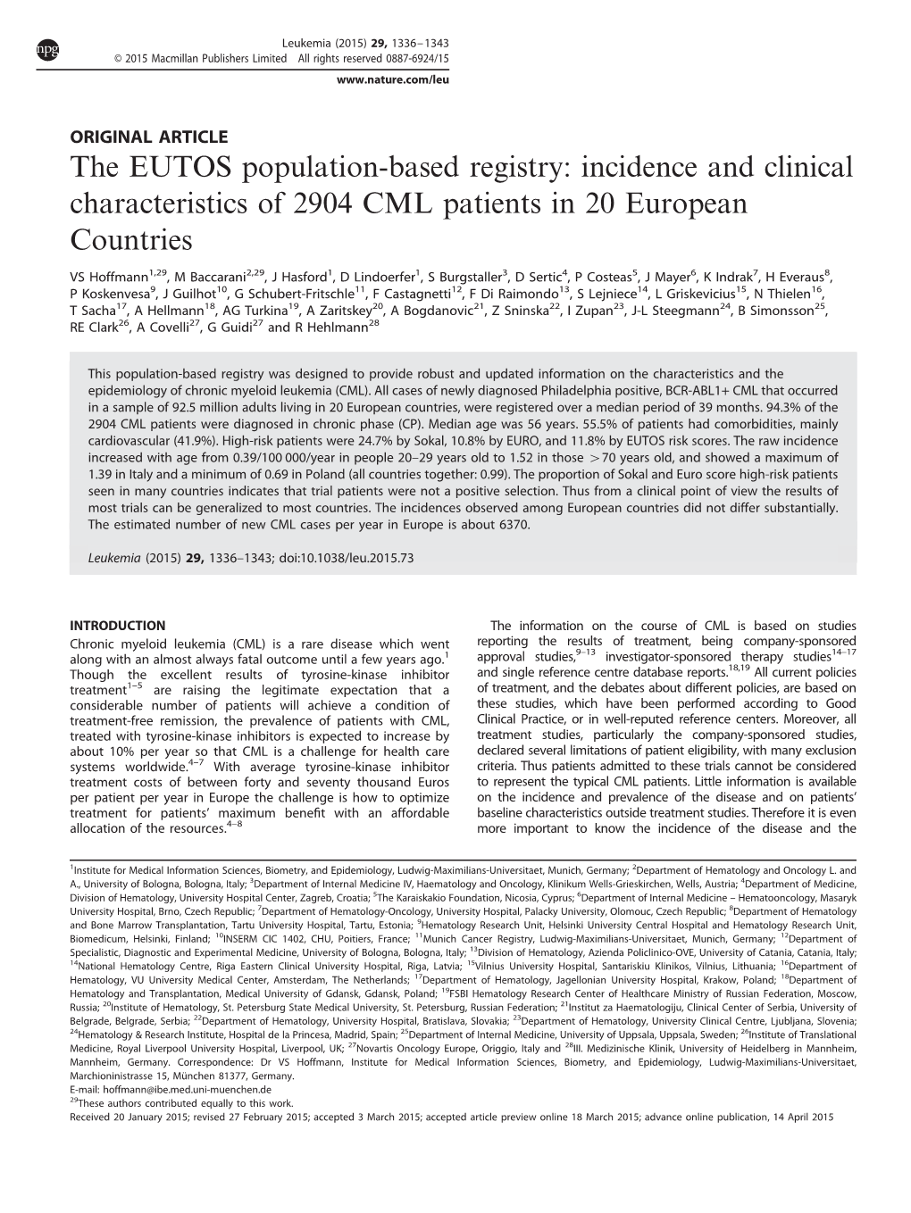 Incidence and Clinical Characteristics of 2904 CML Patients in 20 European Countries