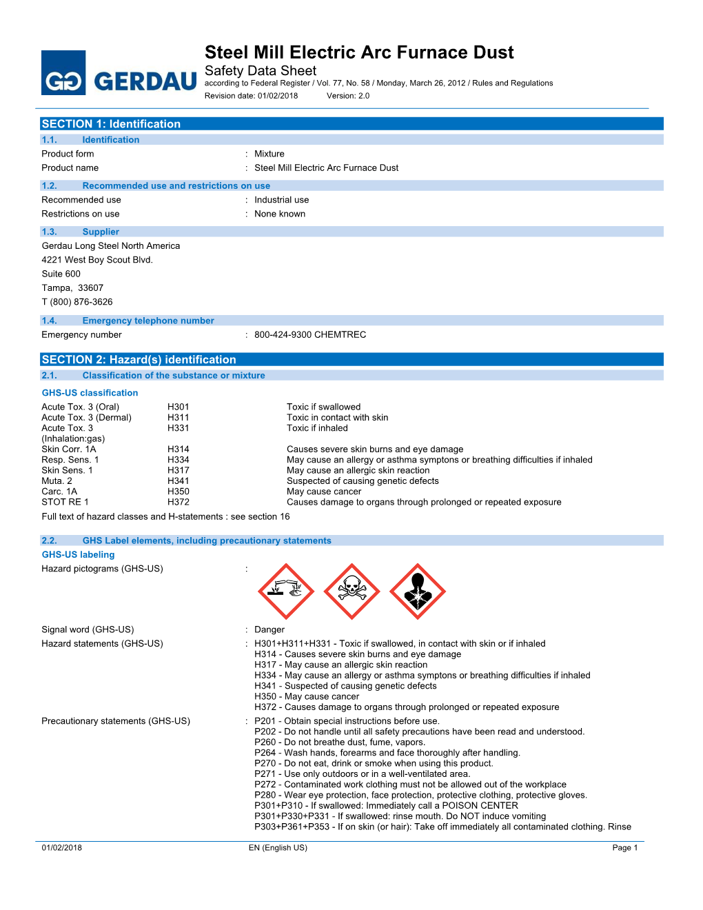 Steel Mill Electric Arc Furnace Dust Safety Data Sheet According to Federal Register / Vol