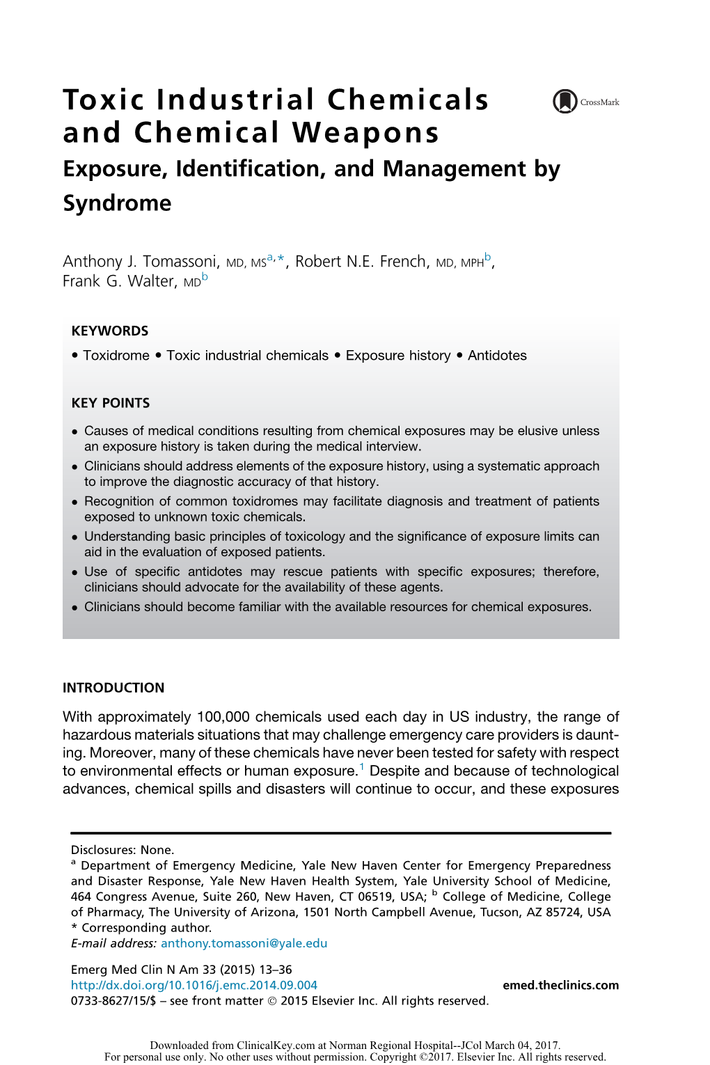 Toxic Industrial Chemicals and Chemical Weapons Exposure, Identification, and Management by Syndrome