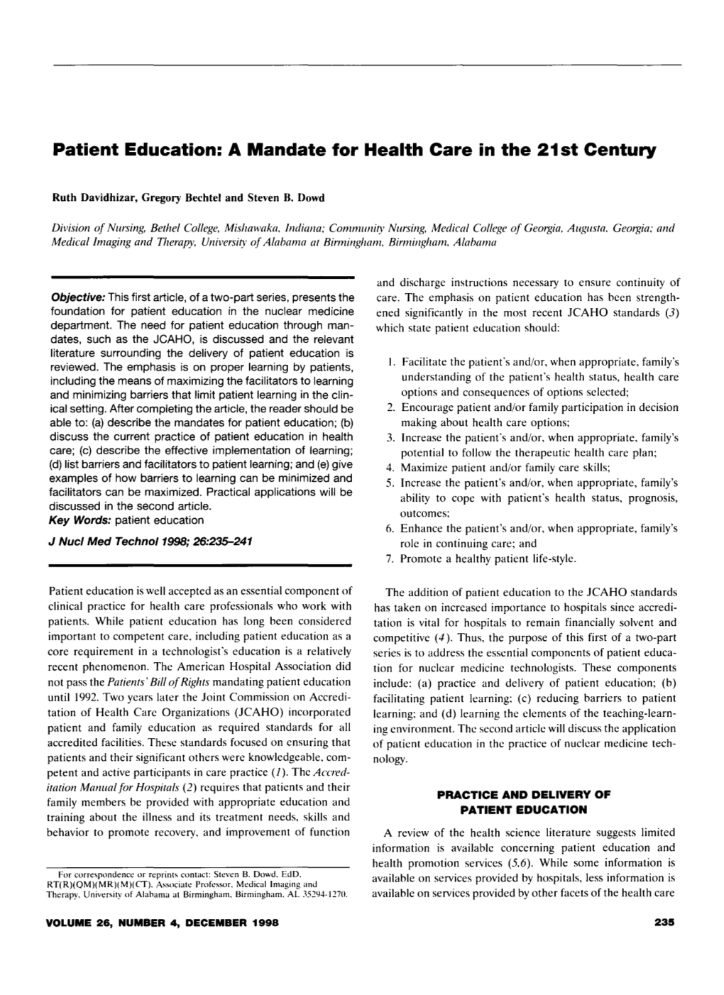 Patient Education: a Mandate for Health Care in the 21St Century