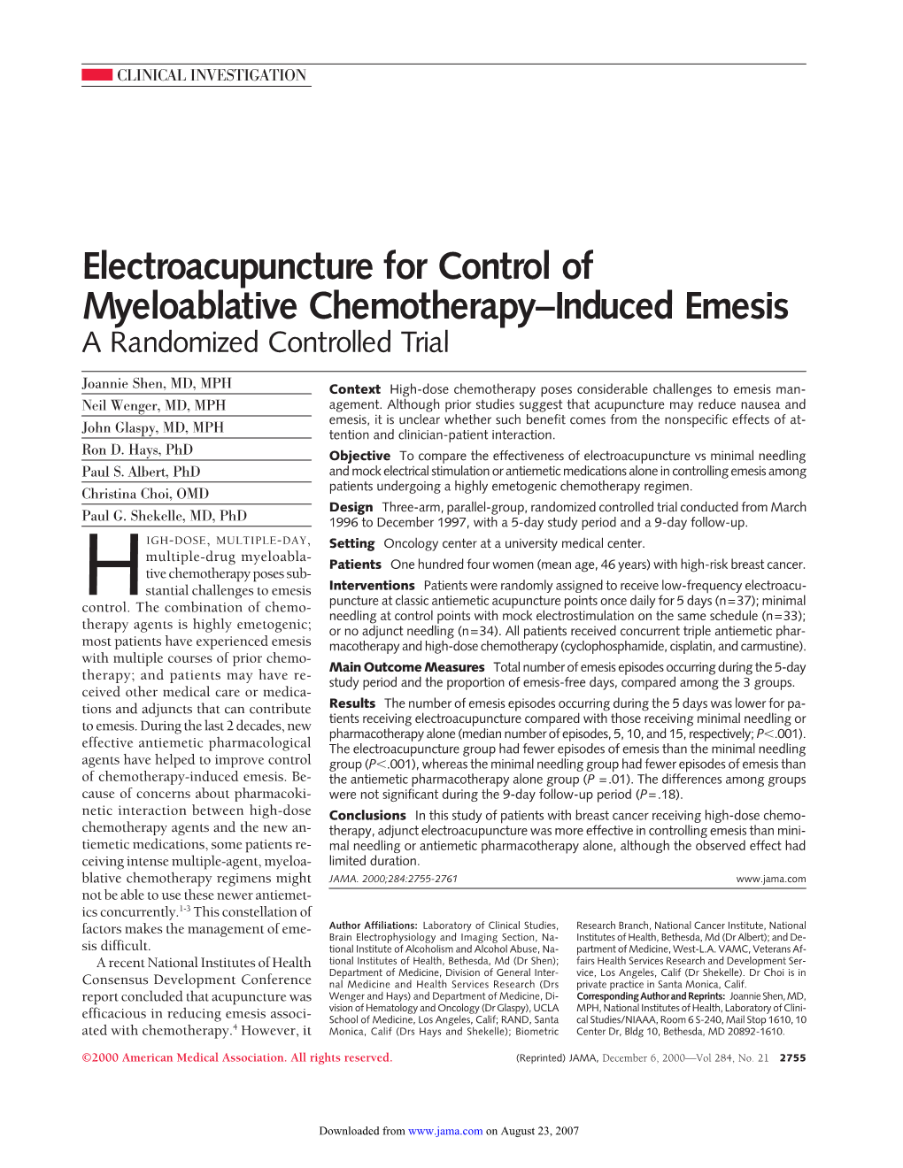 Electroacupuncture for Control of Myeloablative Chemotherapy–Induced Emesis a Randomized Controlled Trial