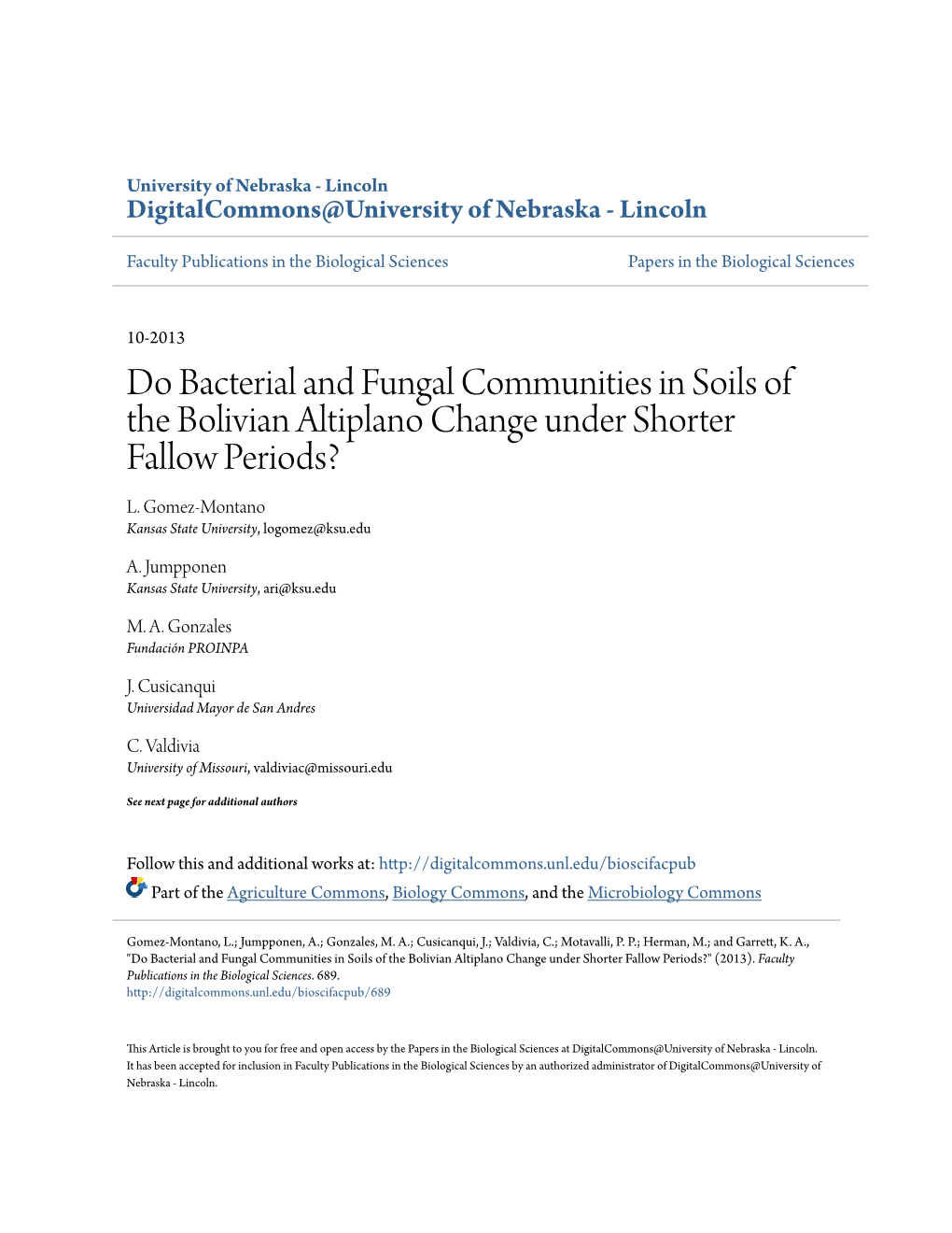 Do Bacterial and Fungal Communities in Soils of the Bolivian Altiplano Change Under Shorter Fallow Periods? L