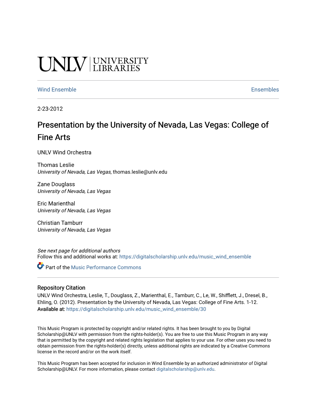Presentation by the University of Nevada, Las Vegas: College of Fine Arts
