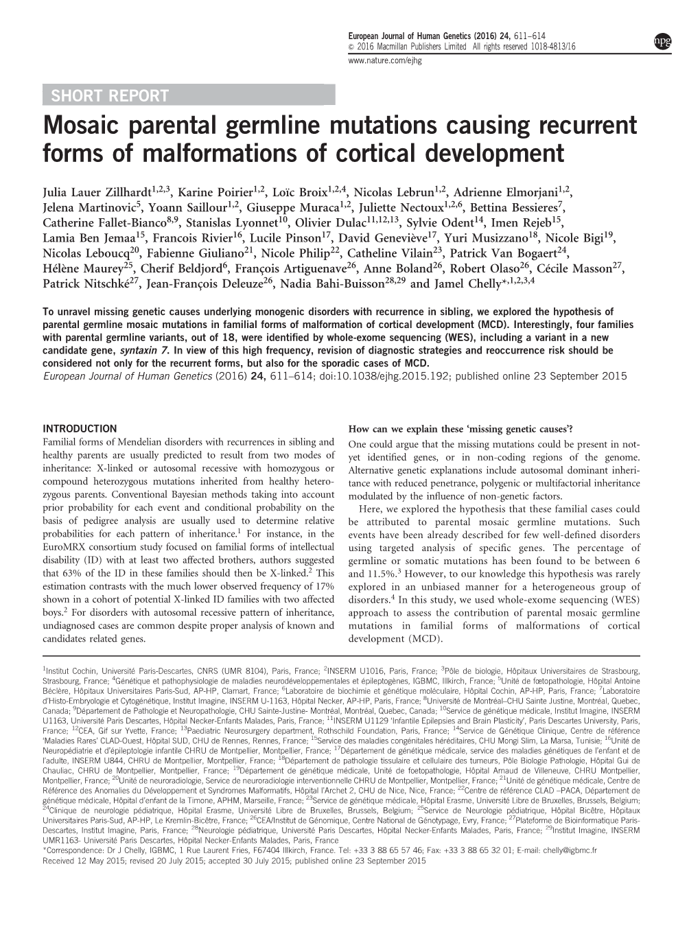 Mosaic Parental Germline Mutations Causing Recurrent Forms of Malformations of Cortical Development