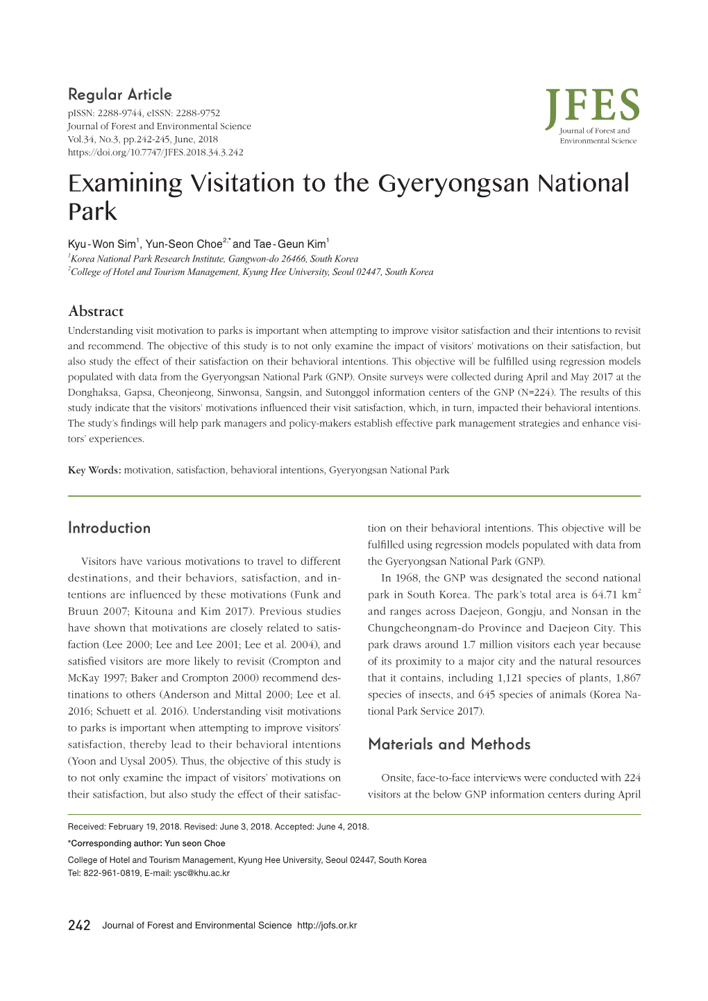 Examining Visitation to the Gyeryongsan National Park