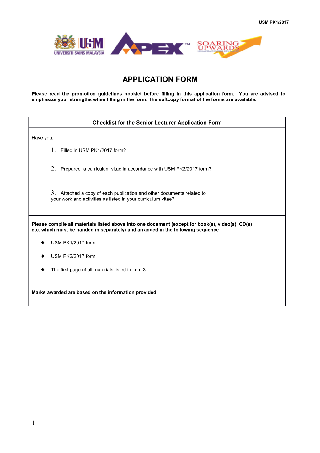 Checklist for the Senior Lecturer Application Form