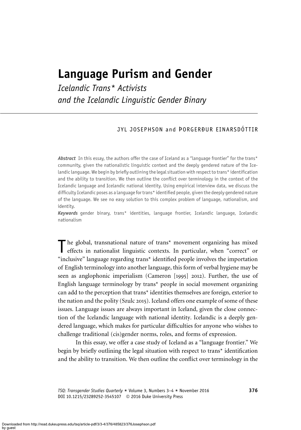 Language Purism and Gender Icelandic Trans* Activists and the Icelandic Linguistic Gender Binary