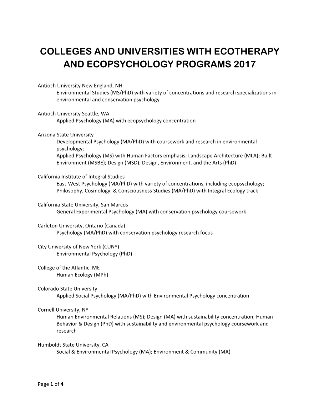 Colleges and Universities with Ecotherapy and Ecopsychology Programs 2017