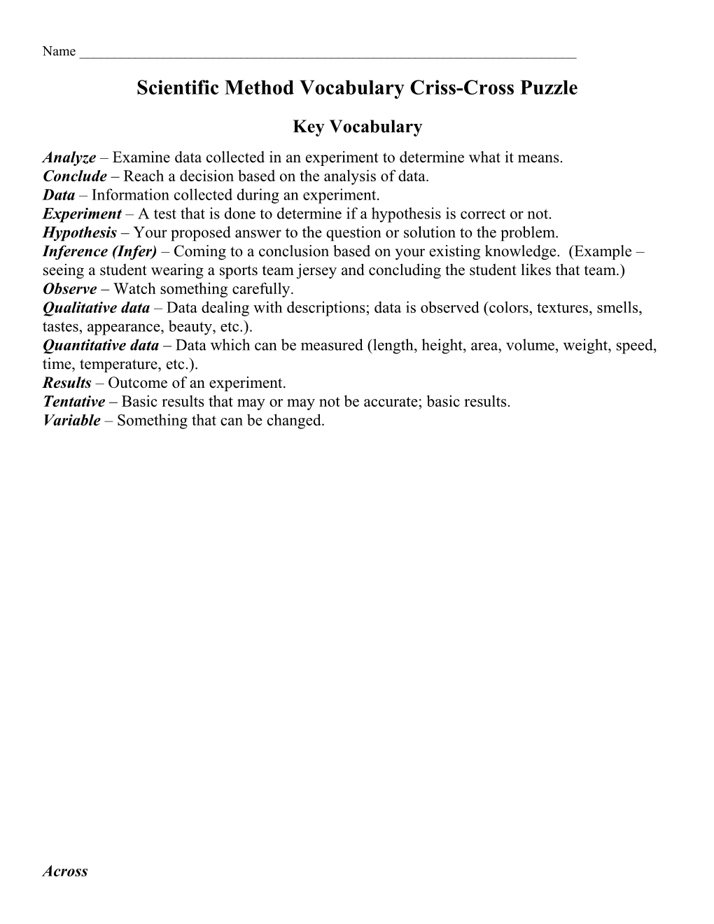 Scientific Method Vocabulary Criss-Cross Puzzle